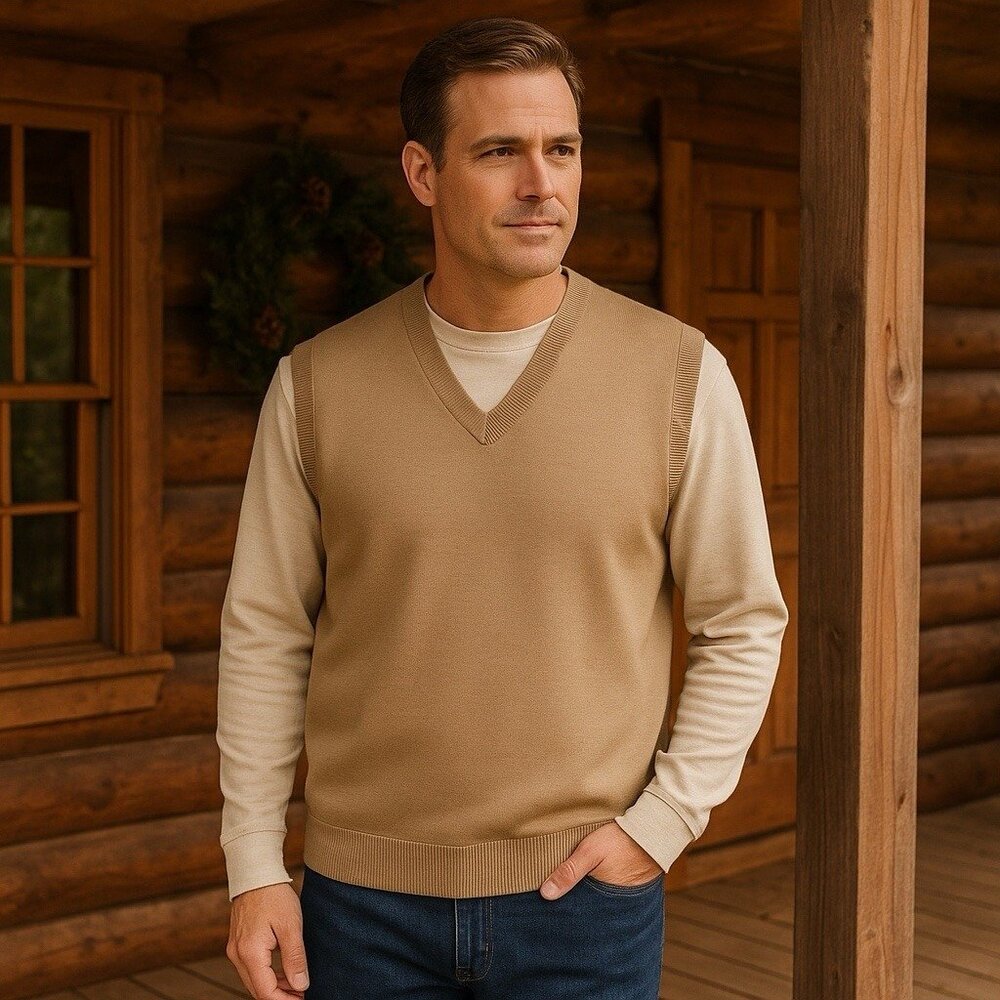 James Pringle Weavers of Inverness 100% Wool V-Neck Sweater Vest Tan Old Money L